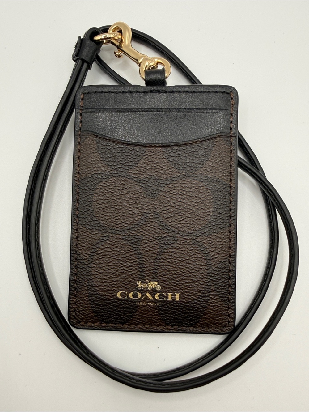 Coach Brown & Black Signature Lanyard Card Holder with Gold Hardware